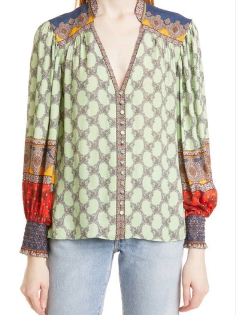 Alice & Olivia Serena Mixed Print Silk Blouse Green